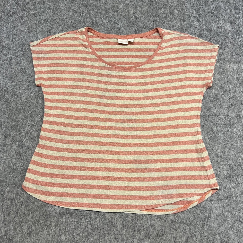Chicos Shirt Womens 2 Pink Beige Striped Metallic Scoop Neck Short Sleeve Casual